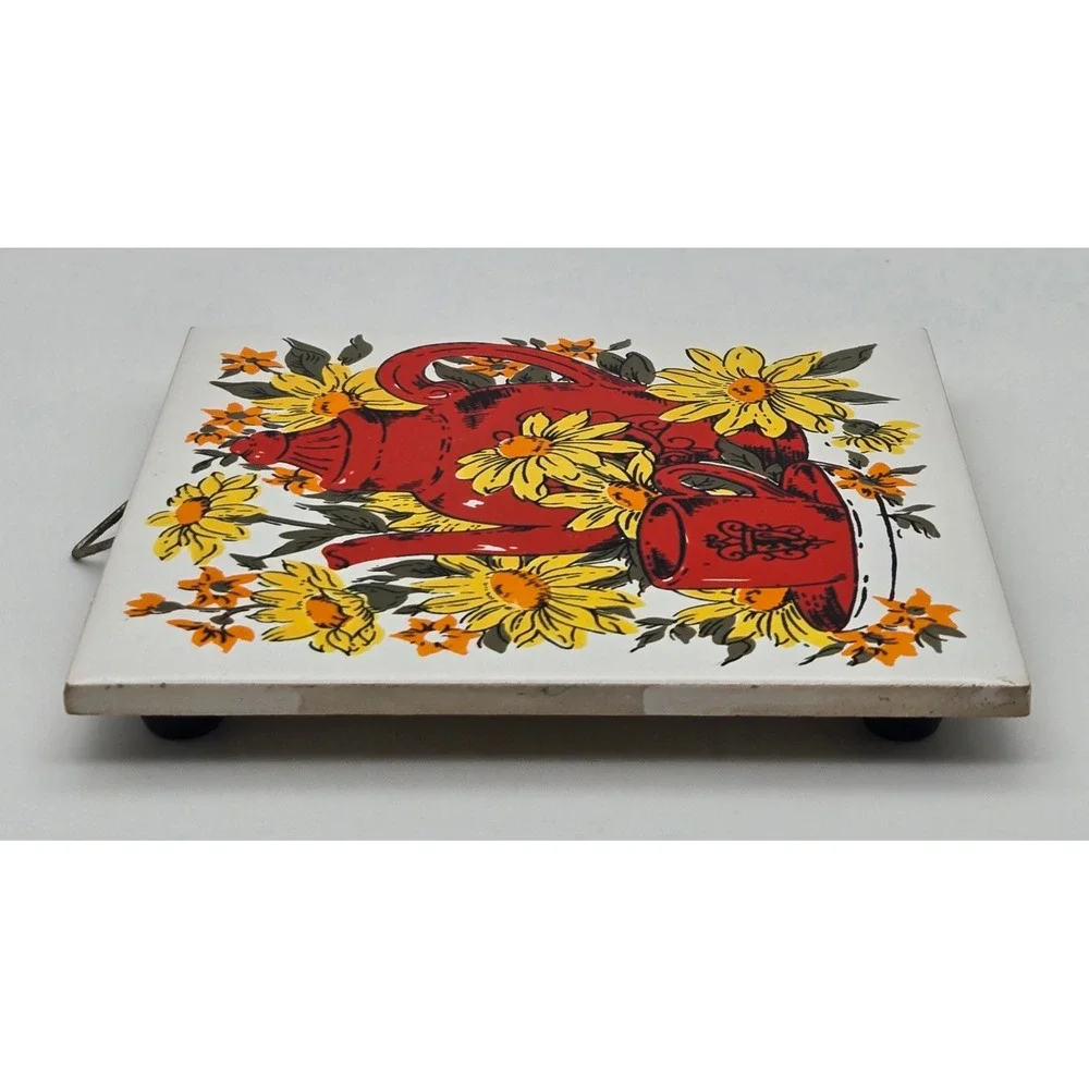 Vintage 1970's Trivet‎ Tile Red Coffee Teapot Floral Wall Hanging Kitchen KK